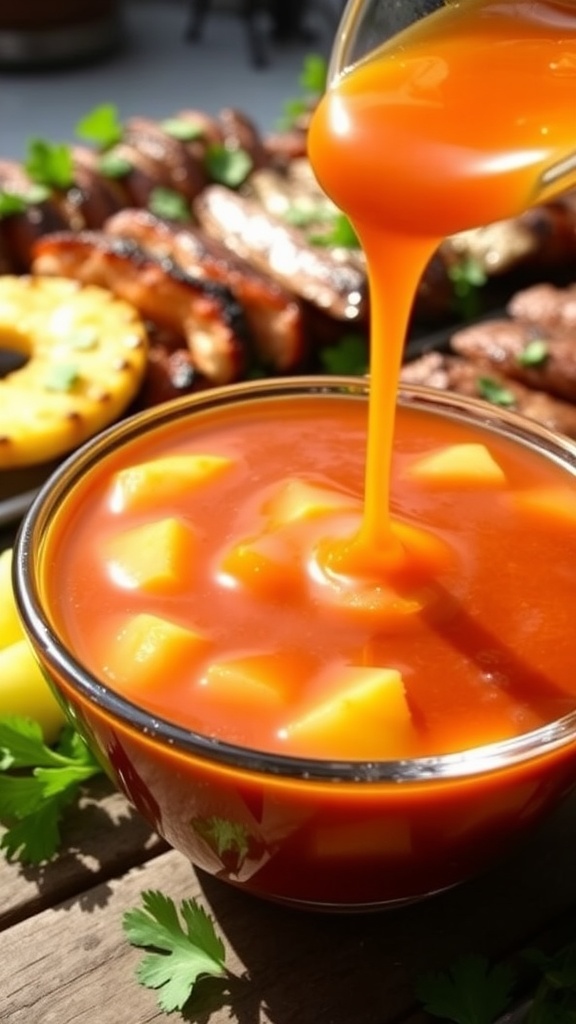 A bowl of thick pineapple barbecue sauce with grilled meats and vegetables in the background.